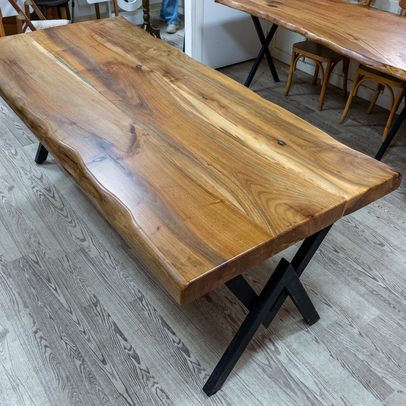 walnut living edge dining table 37x84x29.5 thick Natural finish epoxy filled angle product shot