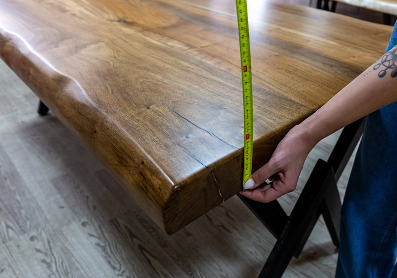 walnut living edge dining table 37x84x29.5 thick Natural finish epoxy filled thickness measure view