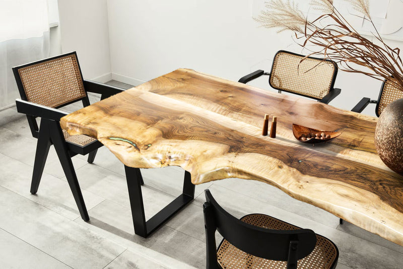 walnut living edge dining table 40x100x29.5 Natural finish epoxy filled room scene