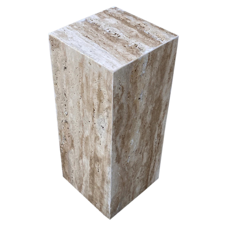 walnut travertine cube design side end table nightstand W10 L10 H24 angle view