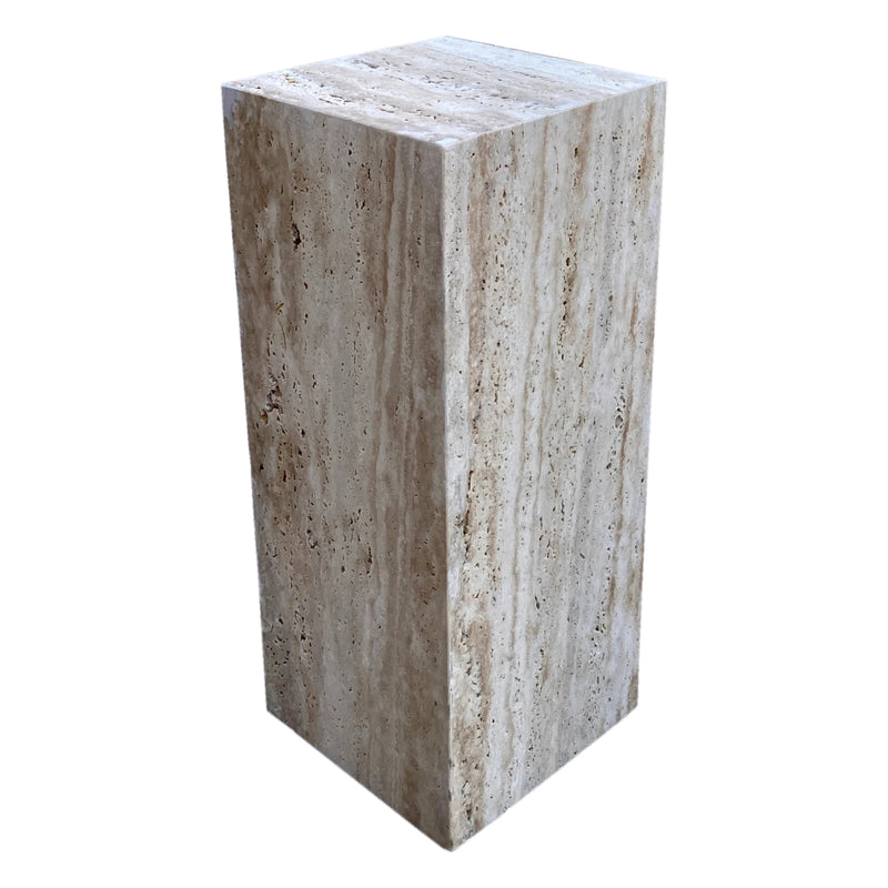 walnut travertine cube design side end table nightstand W10 L10 H24 angle view
