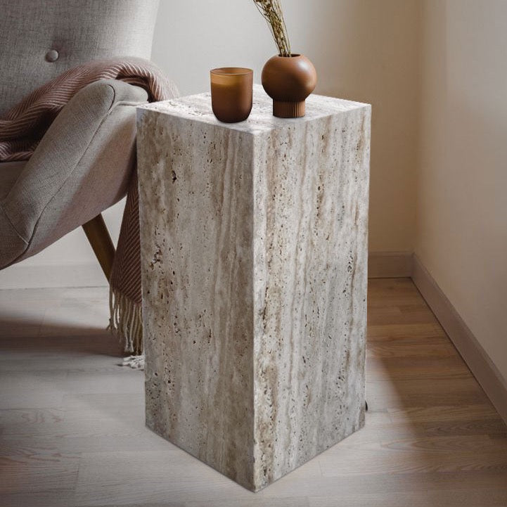 walnut travertine cube design side end table nightstand W10 L10 H24 living room