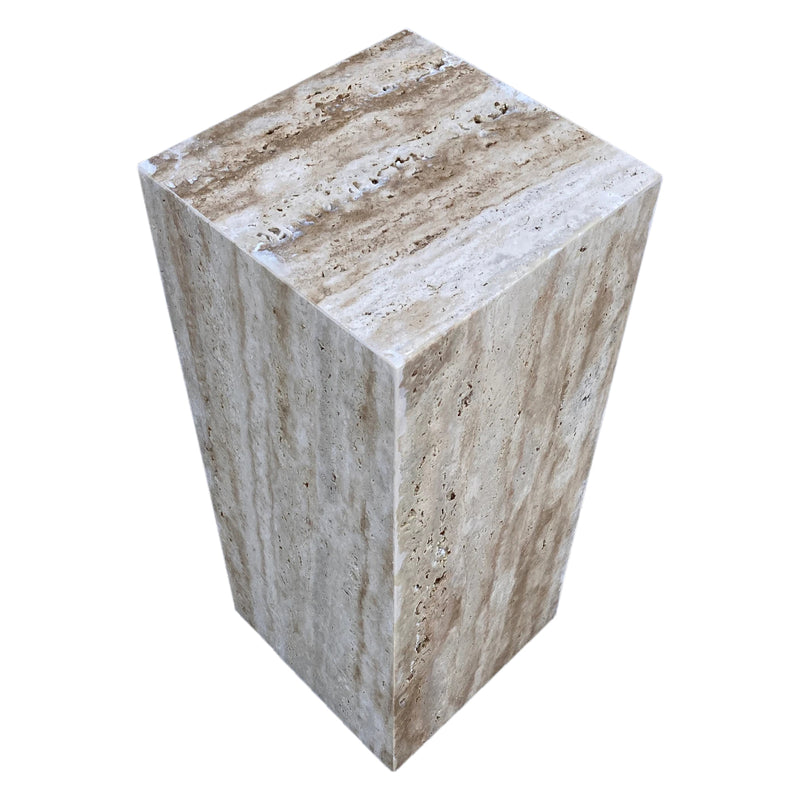walnut travertine cube design side end table nightstand W10 L10 H24 top angle view