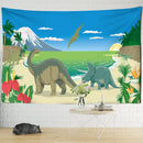 Watercolor green and pink dinosaur tapestry wall hanging for boy room