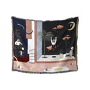 Whimsical space themed black knit sofa blanket living room decor