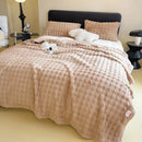 White and green cartoon printed faux rabbit plush blanket bedroom