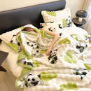 White and green cartoon printed faux rabbit plush blanket bedroom