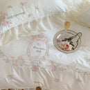 White and pink 4pcs flowers embroidery bedding set bedroom ruffles