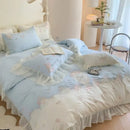 White and pink 4pcs flowers embroidery bedding set bedroom ruffles