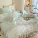 White and pink 4pcs flowers embroidery bedding set bedroom ruffles