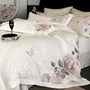 DecorBites™ Butterfly Flowers Embroidery 600TC Egyptian Cotton Bedding Set: Duvet Cover, Bed Sheet, Pillowcases