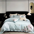 DecorBites™ Butterfly Flowers Embroidery 600TC Egyptian Cotton Bedding Set: Duvet Cover, Bed Sheet, Pillowcases