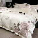 DecorBites™ Butterfly Flowers Embroidery 600TC Egyptian Cotton Bedding Set: Duvet Cover, Bed Sheet, Pillowcases