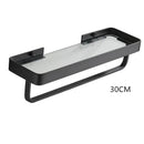 White double tier glass corner shelf with towel bar for bathroom