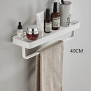 White double tier glass corner shelf with towel bar for bathroom