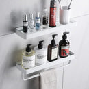 White double tier glass corner shelf with towel bar for bathroom