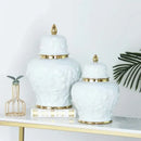 White embossed flower ceramic ginger jar – living room storage vase