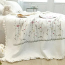 White fresh flower embroidered quilt set bedroom ruffled cotton bedding