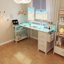 White L Shaped Desk With Monitor Stand 55 Inch LED Lighting