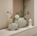 White ridged ceramic clam shell vase living room decor