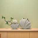 White ridged ceramic clam shell vase living room decor