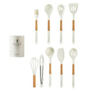 White silicone kitchen cookware set with wooden handles and holder