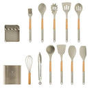 White silicone kitchen cookware set with wooden handles and holder