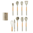 White silicone kitchen cookware set with wooden handles and holder