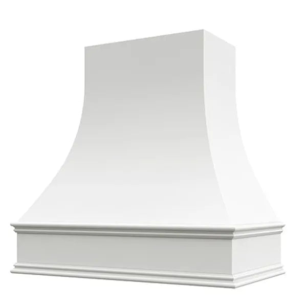 White Wood Range Hood With Curved Front and Decorative Trim - 30" 36" 42" 48" 54" and 60" Widths Available