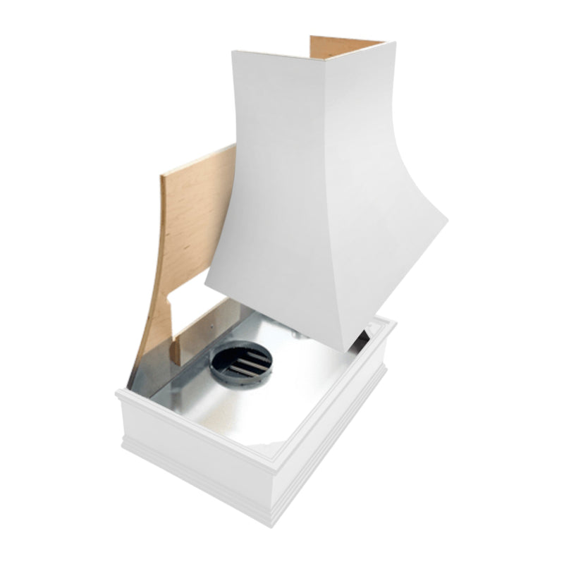 White Range Hood With Curved Front, Brass Strapping and Block Trim - 30", 36", 42", 48", 54" and 60" Widths Available