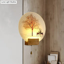 Wood deer tree mural led wall lamp with pull chain bedroom sconce
