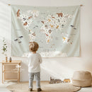 Wooden Hangers Tapestry World Map - Fabric Nursery Wall Banner Art