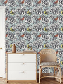 Grey Floral Wallpaper with Birds
