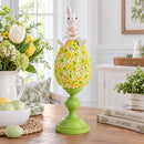Spring Bunny Sitting on Textured Flower Easter Egg Display Stand 11.4 Inches Tall