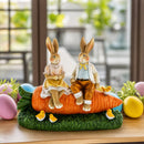 Romantic Easter Bunny Pair on Carrot with Chicks Spring Decor 6.3 Inches Tall
