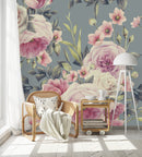 Modish Grey Wallpaper with Pink Flowers Contemporary