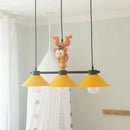 Yellow and orange monkey kitchen island pendant with yellow cone shades