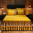 Yellow & black crystal velvet bedspread set bedroom lace quilted skirt