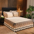 Yellow & black crystal velvet bedspread set bedroom lace quilted skirt