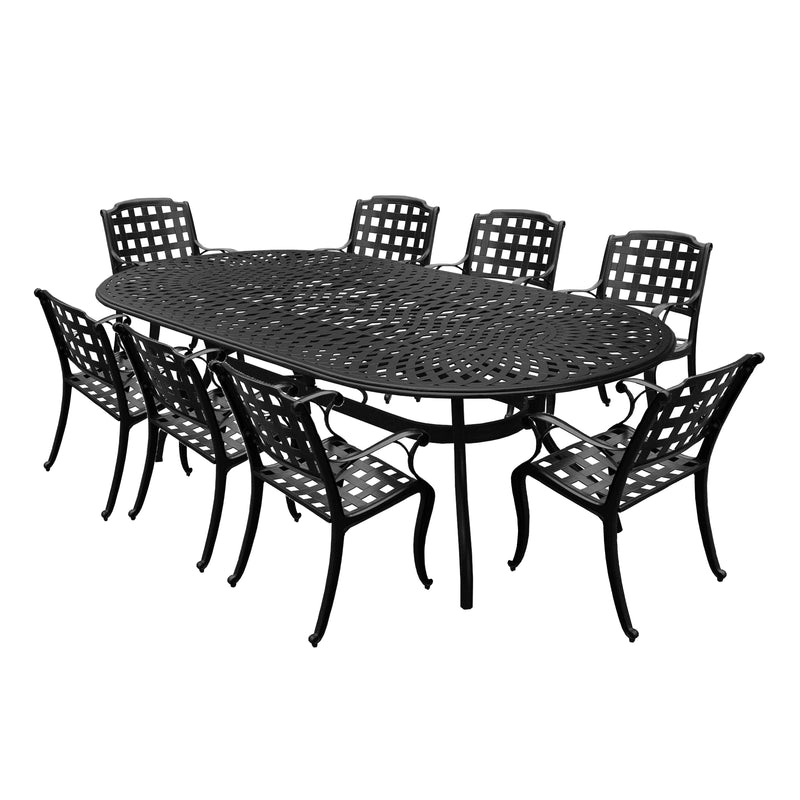 Outdoor Aluminum 9pc Large Black Oval Patio Dining Set Eight Chairs