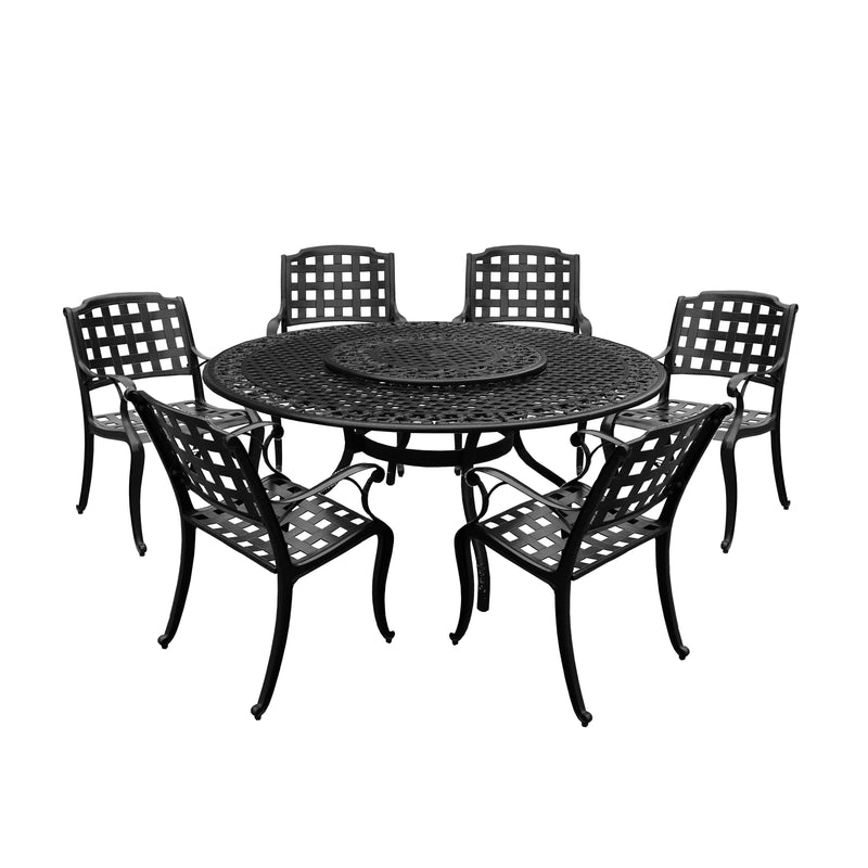 Aluminum 7pc Black Round Patio Dining Set, Lazy Susan, Six Chairs