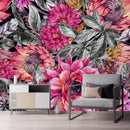 Fashionable Modern Grey Leaves and Pink Flowers Wallpaper