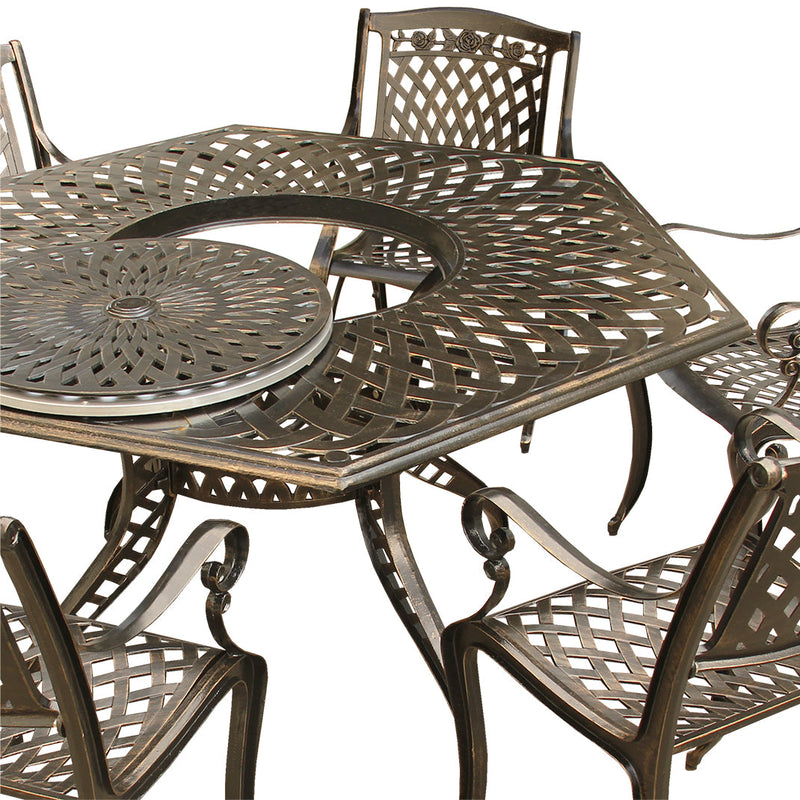 Aluminum 7pc Hexagon Rose Patio Dining Set, Lazy Susan, Six Chairs