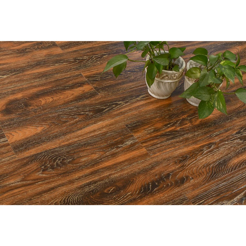 12mm laminate flooring roasted archard hickory oak W000674412 AC3 textured click-lock angle view plants on the corner