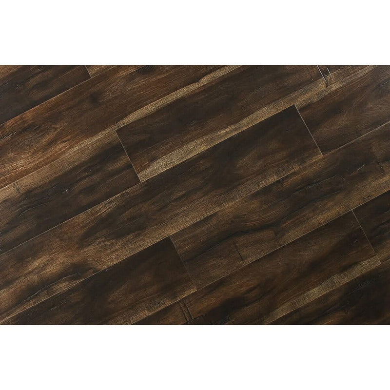 12mm laminate flooring smokey walnut AC3 textured click-lock top angled view