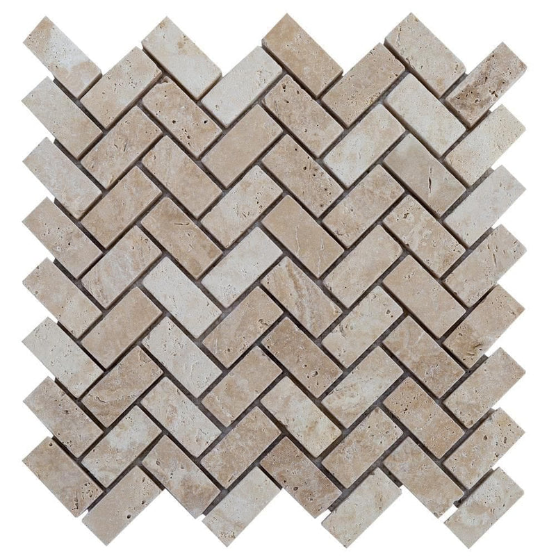 1x2 herringbone travertine mosaics tumbled on 12x12 mesh 15260612 top view