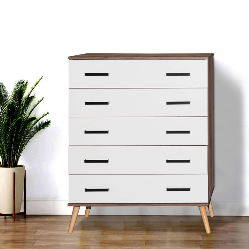 Better Home Products Eli Mid-Century Modern 5 Drawer Chest in Walnut & White product view