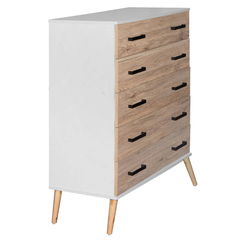 Better Home Products Eli Mid-Century Modern 5 Drawer Chest in White & Natural Oak product view 2