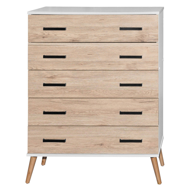 Better Home Products Eli Mid-Century Modern 5 Drawer Chest in White & Natural Oak product view 3