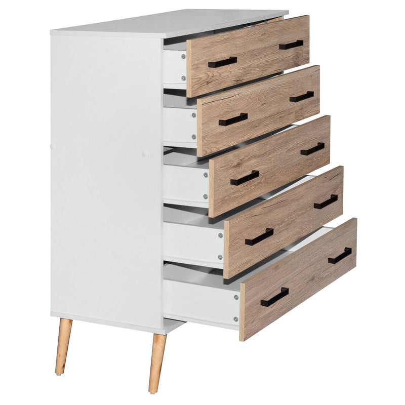 Better Home Products Eli Mid-Century Modern 5 Drawer Chest in White & Natural Oak product view 4